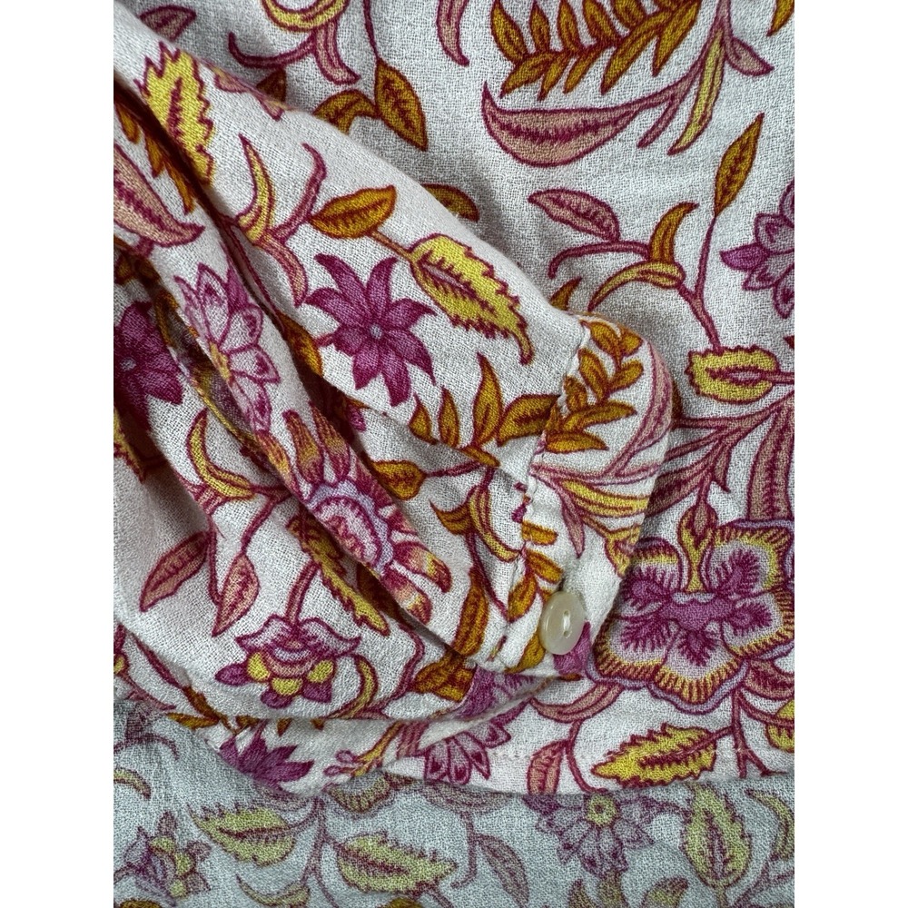 Lucky Brand Floral Boho Blouse Large Pink Orange Smocked Peasant Top LS - Picture 5 of 12